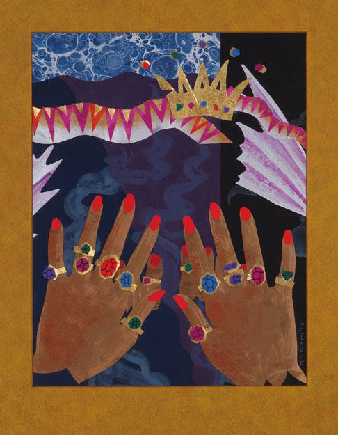 "Queen Persephone." Mixed media on paper. 14"H x 11"W.