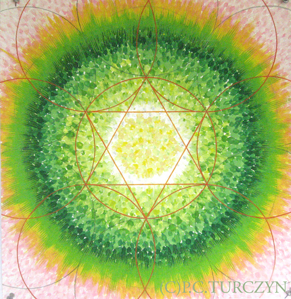 Heart Chakra Mandala. Tempura, gouache, Smooch and crystal on paper.