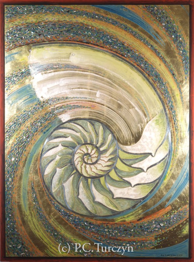 "Maelstrom" 4'H x 3'W. Aluminum & Composition Gold Leaf, Abalone, Mica, Pigments on Wood Panel.
