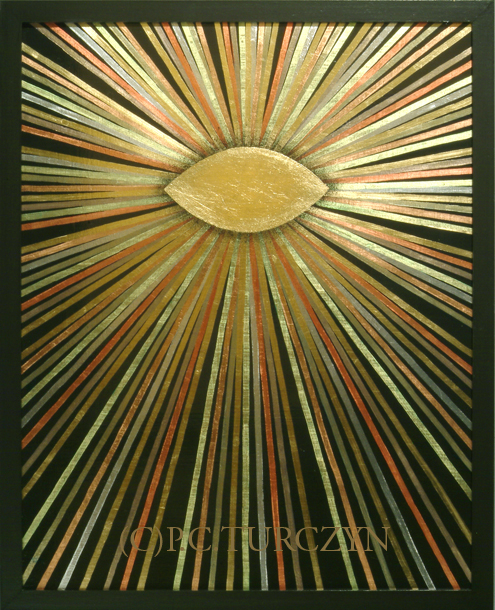 "I AM." Copper, aluminum & composition gold leaf, pigments on wood panel.